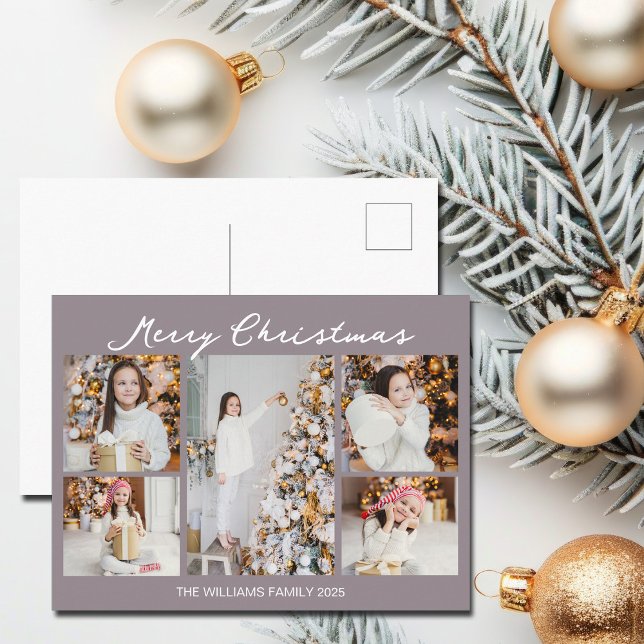 Modern Pale Mauve Merry Christmas Photo Collage Holiday Postcard (Creator Uploaded)