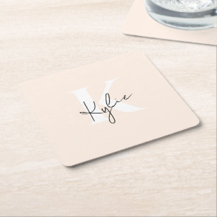 Modern Pale Peach Personalised Monogram Name -  Square Paper Coaster