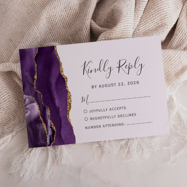 Modern Pale Purple Gold Agate Wedding RSVP Card (Creator Uploaded)