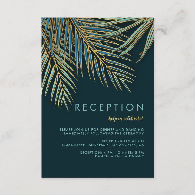 Modern Palm Gold Green Tropical Beach Wedding Enclosure Card (Front)