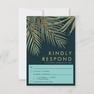 Modern Palm Gold Teal Beach Wedding Meal Choice RSVP Card