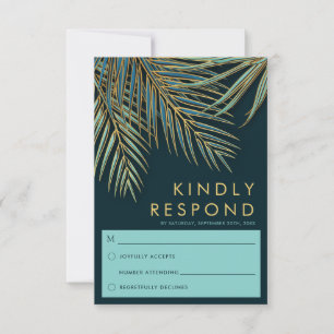 Modern Palm Gold Teal Tropical Beach Wedding RSVP Card
