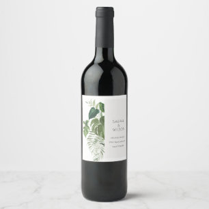 Modern Palm Green Leafy Tropical Foliage Wedding Wine Label