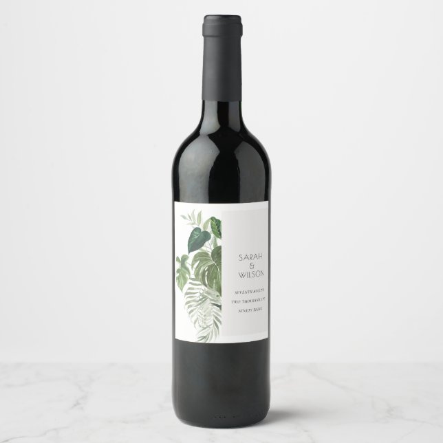 Modern Palm Green Leafy Tropical Foliage Wedding Wine Label (Front)