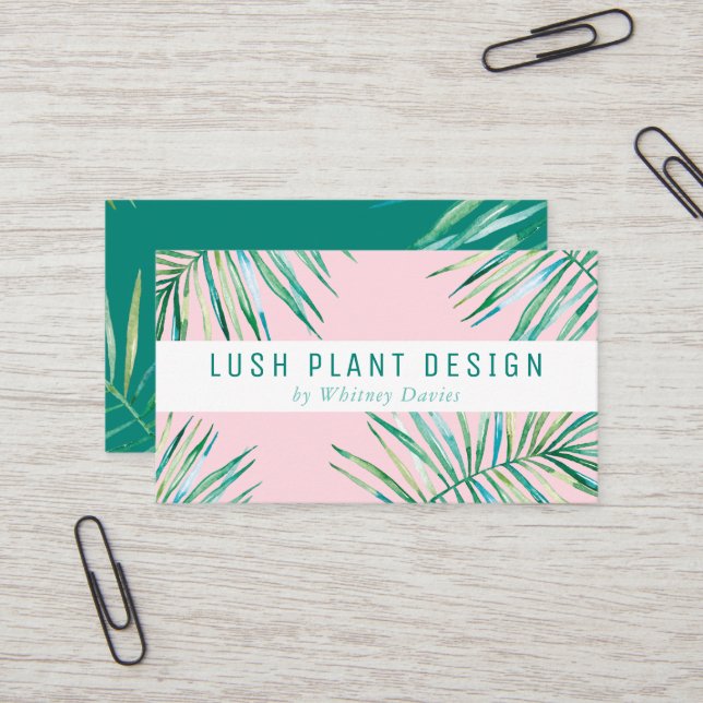 MODERN PALM LEAF LOGO lush botanical green pink Business Card (Front/Back In Situ)