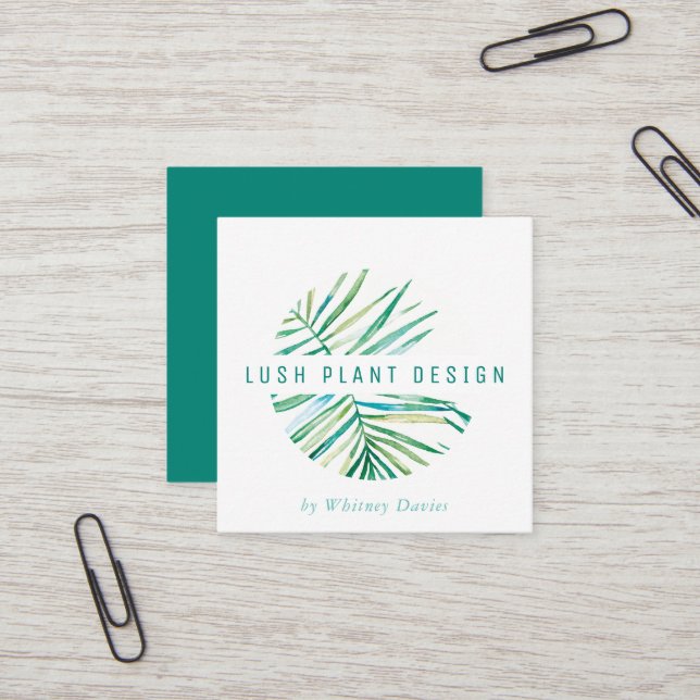MODERN PALM LEAF LOGO lush botanical life green Square Business Card (Front/Back In Situ)
