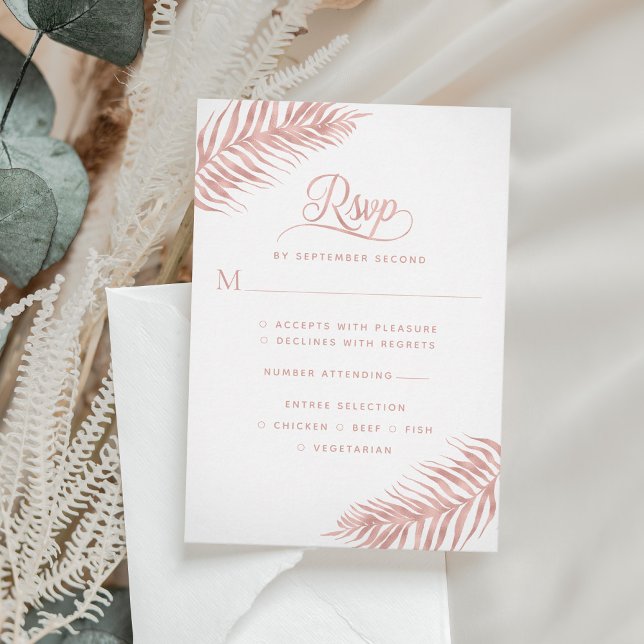 Modern Palm Leaf Rose Gold White Wedding RSVP Card (Creator Uploaded)
