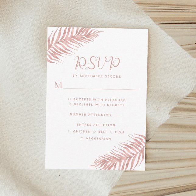 Modern Palm Leaf Rose Gold White Wedding RSVP Card (Creator Uploaded)