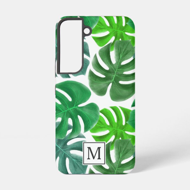 Modern Palm Leaves Pattern Monogram Samsung Galaxy S22 Case (Back)