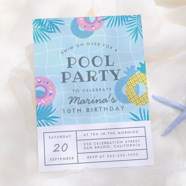 Modern Palm Leaves & Pineapple Pool Birthday Party Invitation (Creator Uploaded)