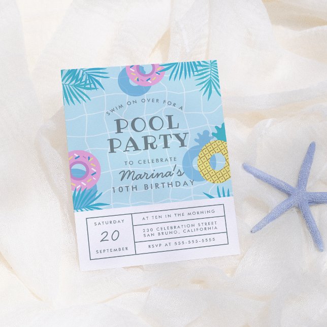 Modern Palm Leaves & Pineapple Pool Party Birthday Invitation Postcard (Creator Uploaded)