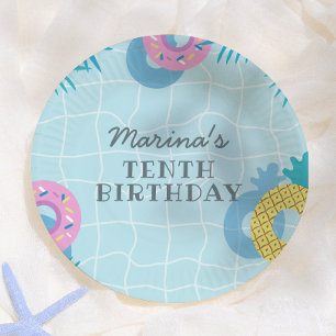 Modern Palm Leaves & Pineapple Pool Party Birthday Paper Plate