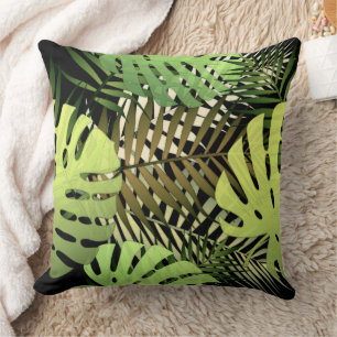 Modern Palm Leaves Tropical Jungle Black Green Cushion