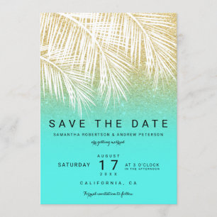 Modern palm tree gold aqua save the date invitation