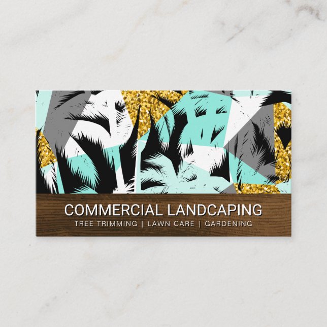 Modern Palm Tree Pattern | Wood Grain Business Card (Front)
