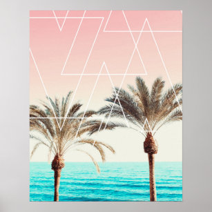 Modern palm tree sunset pink blue beach geometric poster