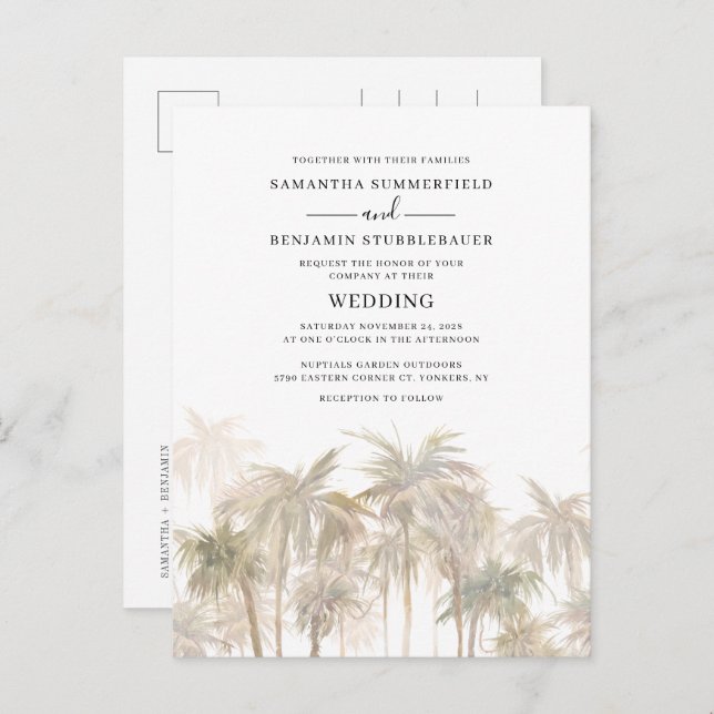 Modern Palm Trees Coastal Wedding Invitation Postcard (Front/Back)