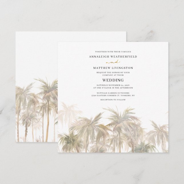 Modern Palm Trees Watercolor Wedding Invitation (Front/Back)
