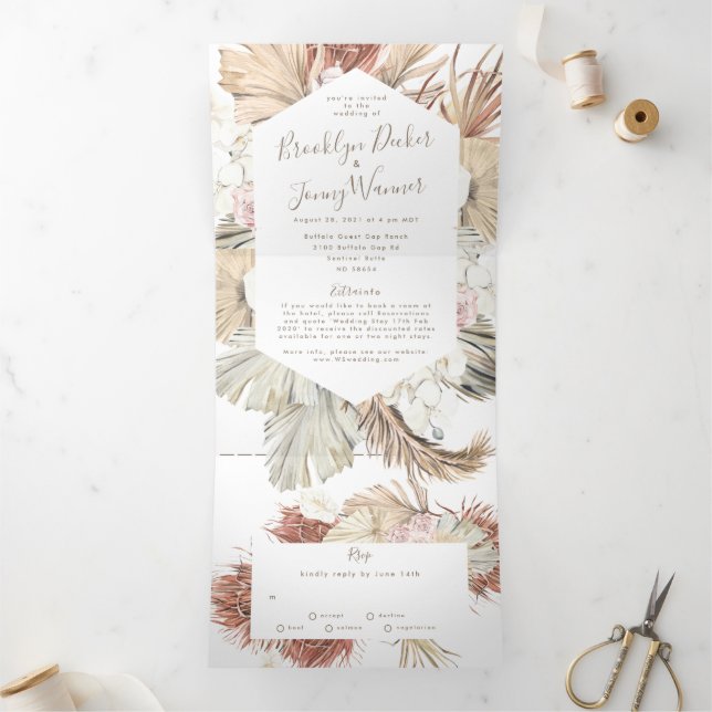 Modern Pampas Boho Desert Wedding Tri-Fold Invitation (Inside)