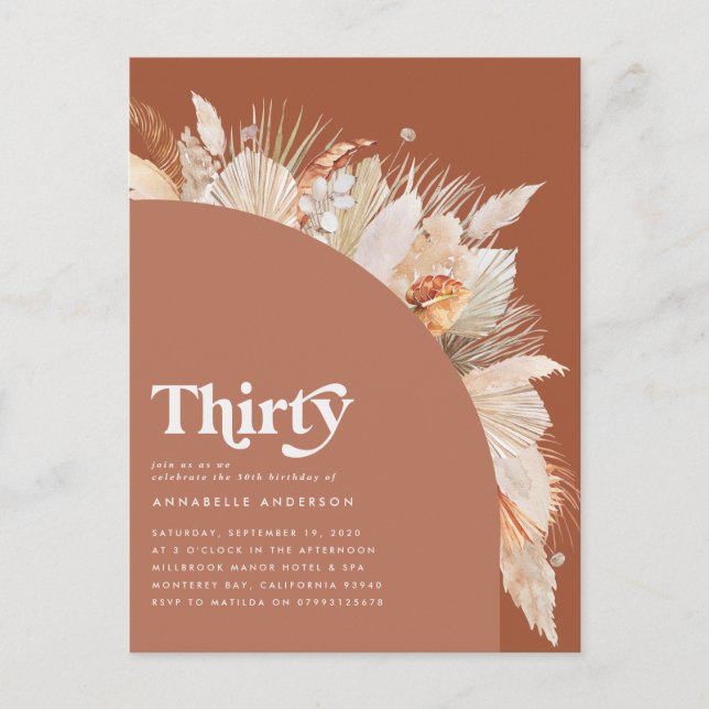 Modern pampas grass 30th birthday terracotta postcard (Front)