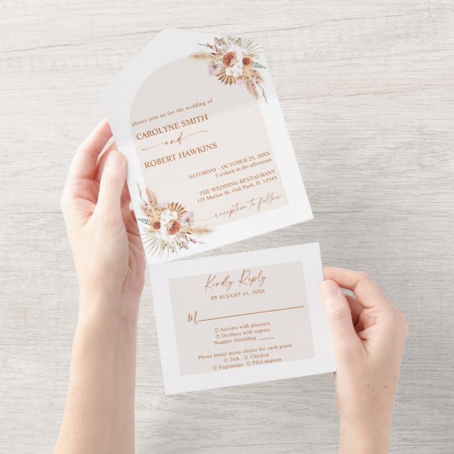 Modern Pampas Grass Bohemian Terracotta All In One Invitation (Tearaway)