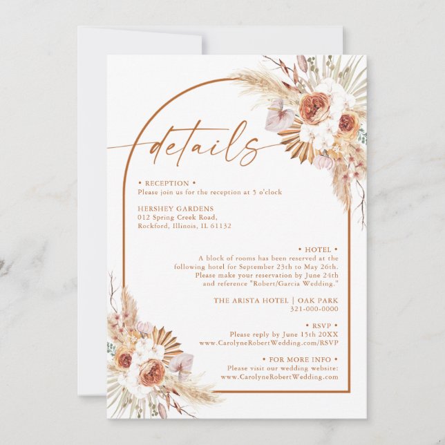 Modern Pampas Grass Boho Terracotta Details Invitation (Front)