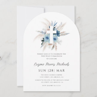 Modern pampas grass dusty blue first communion invitation