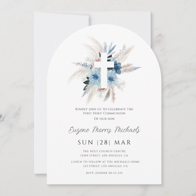 Modern pampas grass dusty blue first communion invitation (Front)