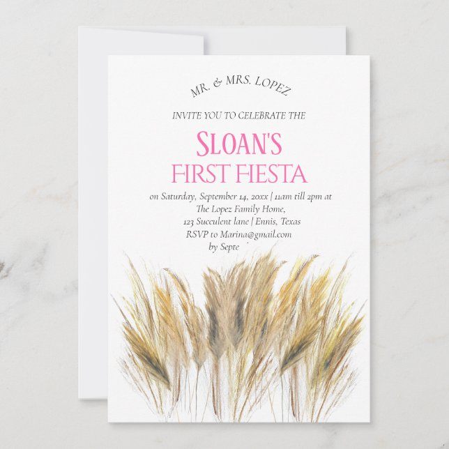 Modern Pampas Grass First Fiesta Pink Birthday   Invitation (Front)