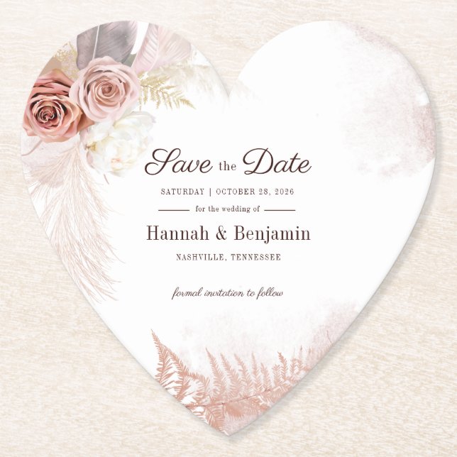 Modern Pampas Grass Floral Script Save The Date Paper Coaster (Front)