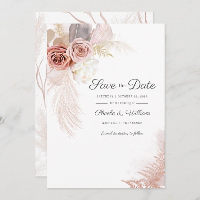 Modern Pampas Grass Floral Script Terracotta Save The Date (Front/Back)