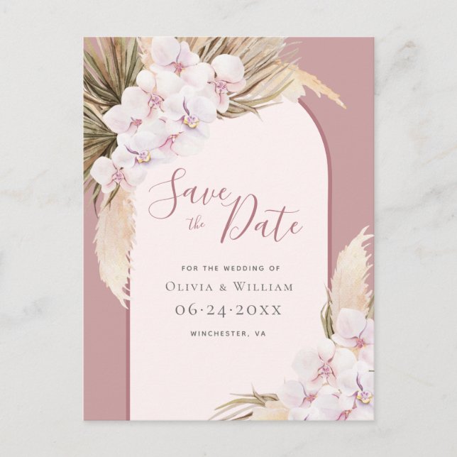 Modern Pampas Grass Floral Tropical Dusty Rose Announcement Postcard (Front)