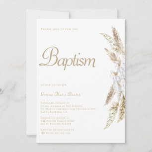 Modern Pampas Grass White Gold Baptism Invitation