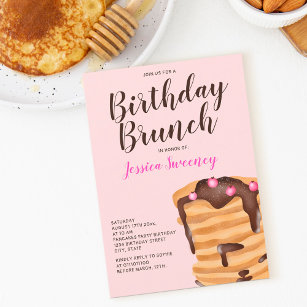 Modern pancake birthday brunch illustration pink invitation