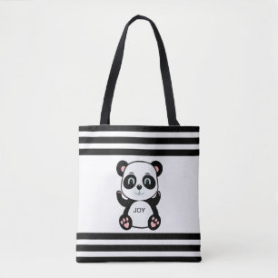 Modern Panda Bear & Black White Striped Tote Bag