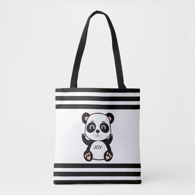 Modern Panda Bear & Black White Striped Tote Bag (Front)