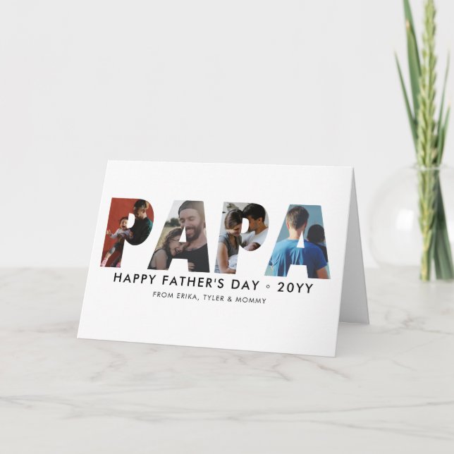 Modern PAPA 4 Photo Collage Happy Father's Day Card (Front)