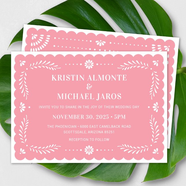 Modern Papel Picado Mexican Wedding Invitation (Modern Papel Picado Wedding Invitation In Pink)