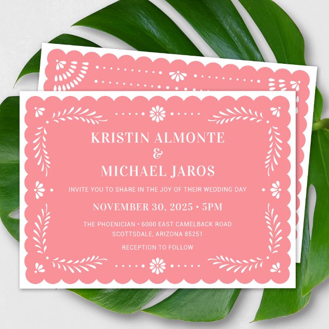 Modern Papel Picado Mexican Wedding Invitation (Modern Papel Picado Wedding Invitation In Rose)