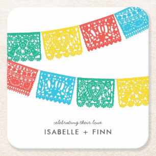 Modern Papel Picado Wedding Bridal Shower Square Paper Coaster