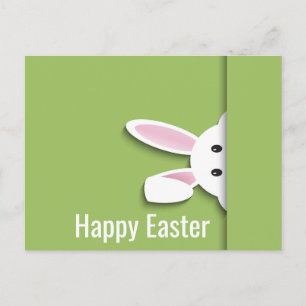 Modern paper cut peeking Easter bunny, green Postcard