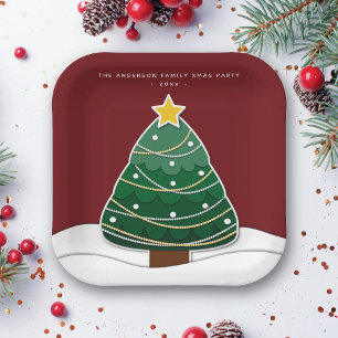 Modern Papercut Style Christmas Tree Xmas Party Paper Plate