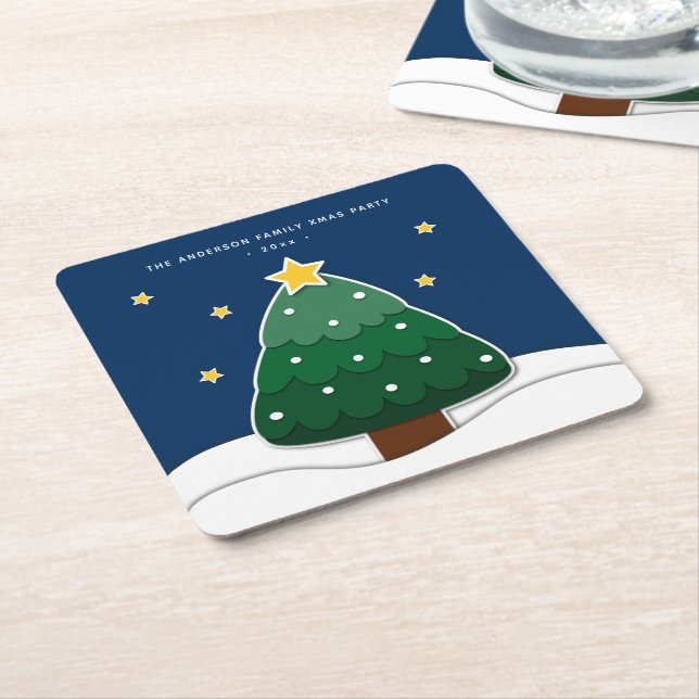 Modern Papercut Style Christmas Tree Xmas Party Square Paper Coaster (Angled)