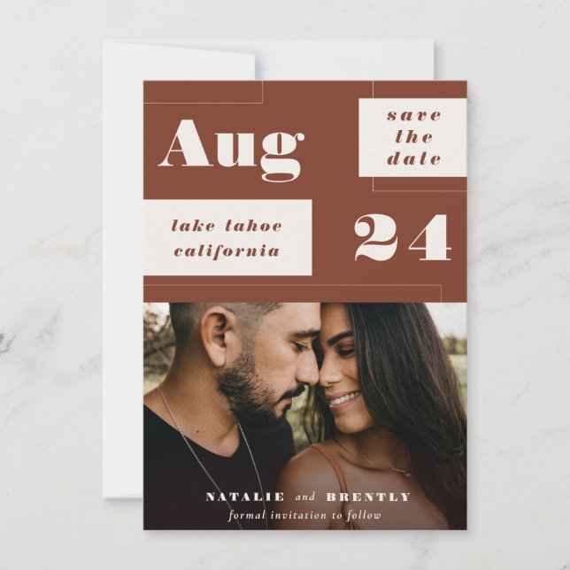 Modern Paprika Sienna Geometrics with Bold Text Save The Date (Front)