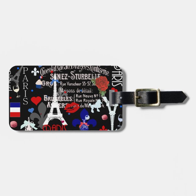 Modern Paris French black collage Luggage Tag (Front Horizontal)