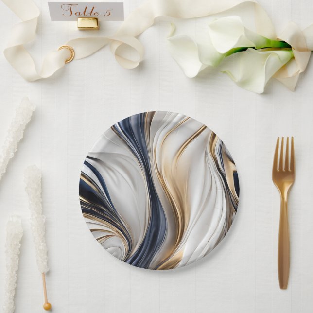Modern Party Supplies-Blue White and Gold- Paper Plate (Wedding)