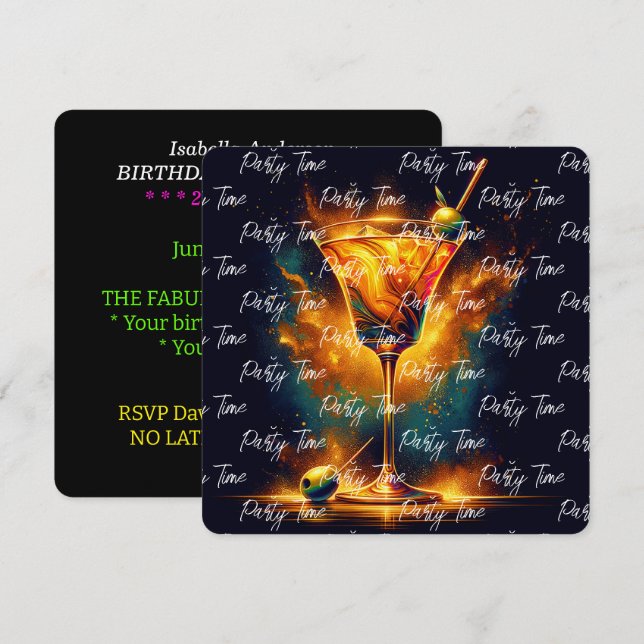 Modern Party Time Neon Personalised Invitation (Front/Back)