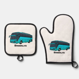 Modern passenger bus cartoon illustration oven mitt & pot holder set