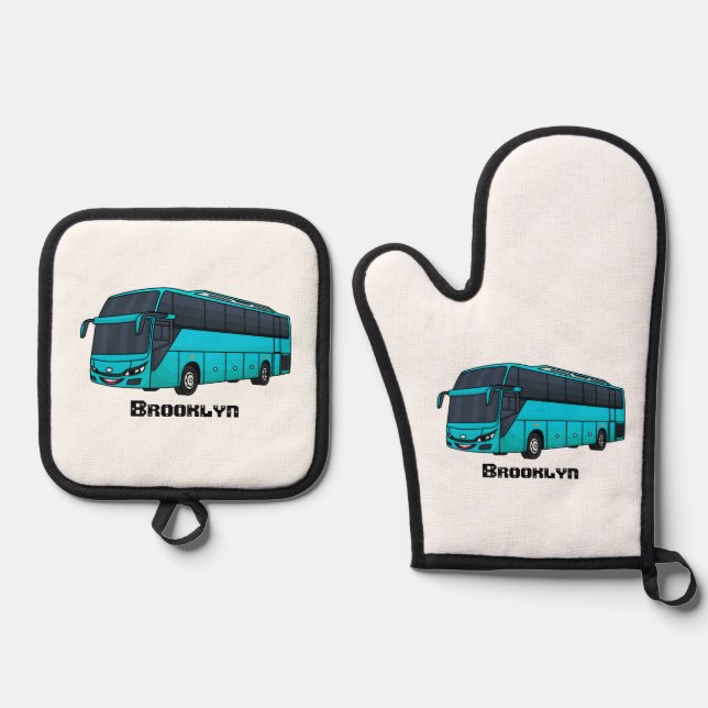 Modern passenger bus cartoon illustration oven mitt & pot holder set (Front)