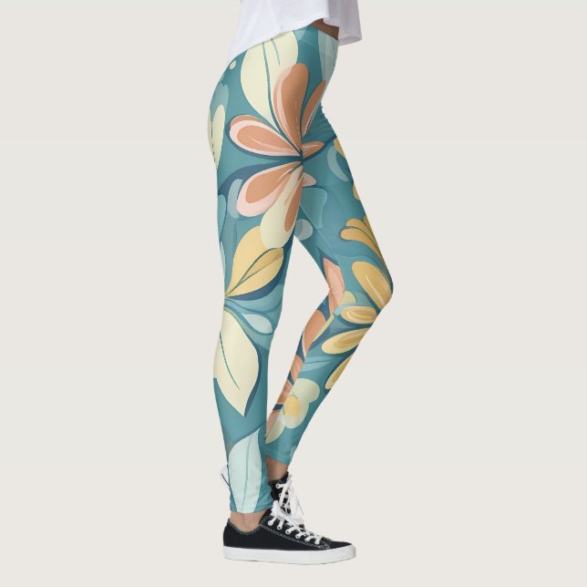 Modern Pastel abstract flowers blue yellow beige  Leggings (Right)